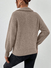 Polo Collar Zipper Long Sleeve Solid Color Casual Sweater
