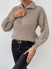 Polo Collar Zipper Long Sleeve Solid Color Casual Sweater