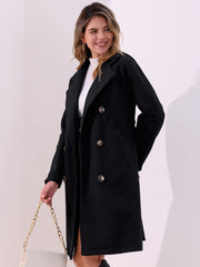 Solid Color Notched Lapel Double Breasted Belted Long Pea Coat