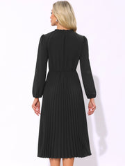 A-Line Flowy Long Sleeve Tie V Neck Pleated Midi Dress