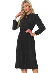 A-Line Flowy Long Sleeve Tie V Neck Pleated Midi Dress