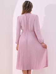 A-Line Flowy Long Sleeve Tie V Neck Pleated Midi Dress