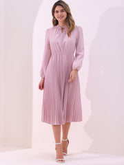 A-Line Flowy Long Sleeve Tie V Neck Pleated Midi Dress