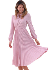 A-Line Flowy Long Sleeve Tie V Neck Pleated Midi Dress