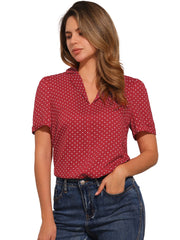 Short Sleeve Casual Cherry Print Notched Lapel Collar Shirt Blouse