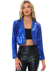 Sparkle Sequin Lapel Collar Open Front Party Cropped Jacket