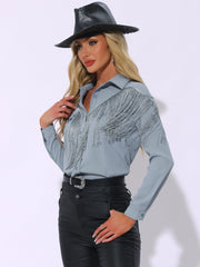 Glitter Fringe Long Sleeve Button Down Disco Party Cowgirl Blouse