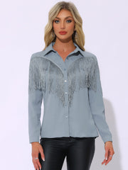 Glitter Fringe Long Sleeve Button Down Disco Party Cowgirl Blouse