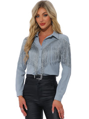 Glitter Fringe Long Sleeve Button Down Disco Party Cowgirl Blouse