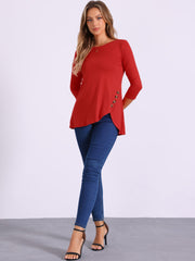 3/4 Sleeve Round Neck Button Decor Casual Stretchy Tunic Tops