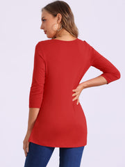 3/4 Sleeve Round Neck Button Decor Casual Stretchy Tunic Tops