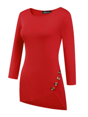 3/4 Sleeve Round Neck Button Decor Casual Stretchy Tunic Tops