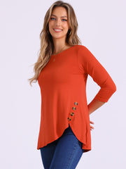 3/4 Sleeve Round Neck Button Decor Casual Stretchy Tunic Tops