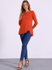 3/4 Sleeve Round Neck Button Decor Casual Stretchy Tunic Tops