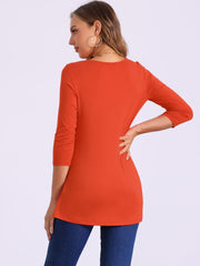 3/4 Sleeve Round Neck Button Decor Casual Stretchy Tunic Tops