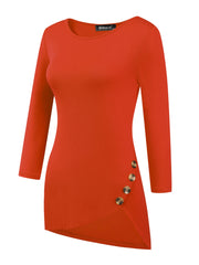 3/4 Sleeve Round Neck Button Decor Casual Stretchy Tunic Tops