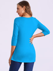 3/4 Sleeve Round Neck Button Decor Casual Stretchy Tunic Tops