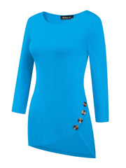 3/4 Sleeve Round Neck Button Decor Casual Stretchy Tunic Tops