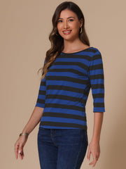 3/4 Sleeve Round Neck Casual Striped T-Shirt