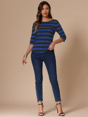 3/4 Sleeve Round Neck Casual Striped T-Shirt