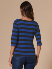 3/4 Sleeve Round Neck Casual Striped T-Shirt