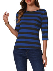 3/4 Sleeve Round Neck Casual Striped T-Shirt