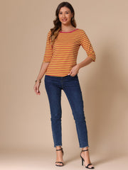 3/4 Sleeve Round Neck Casual Striped T-Shirt