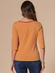 3/4 Sleeve Round Neck Casual Striped T-Shirt