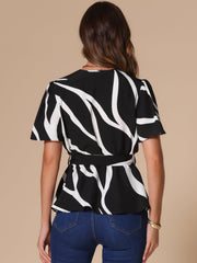 Printed V Neck Elastic Waist Belt Ruffle Peplum Blouse