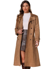 Faux Suede Notched Lapel Double Breasted Belted Long Sleeve Trench Coat