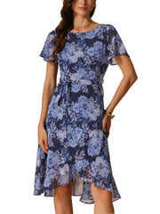 Floral Midi High Low Hem Tie Waist Flowy Chiffon Dress
