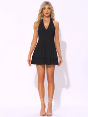 Halter Dress for Women's Party Deep V Neck Backless Layer Mini Dress