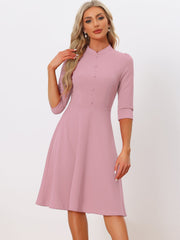 Retro 3/4 Sleeve Stand Collar Office Work Elegant A-Line Dress