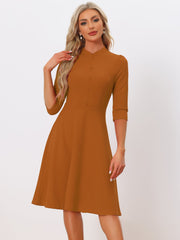 Retro 3/4 Sleeve Stand Collar Office Work Elegant A-Line Dress