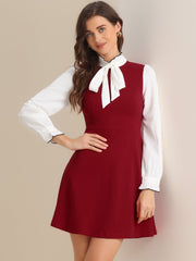 Patchwork Contrast Color Long Sleeve Tie Neck Mini Dress