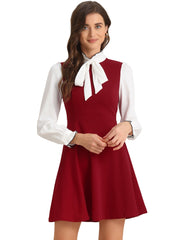 Patchwork Contrast Color Long Sleeve Tie Neck Mini Dress