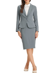 2 Pieces Business Casual Notched Lapel Long Sleeve Blazer & Pencil Skirt Suit Set