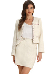 2PCS Plaid Tweed Open Front Cropped Blazer Jacket and Pencil Skirt Sets