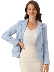 Plaid Tweed Notched Lapel Button Long Sleeve Blazer Jackets