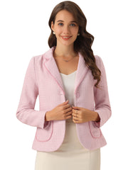 Plaid Tweed Notched Lapel Button Long Sleeve Blazer Jackets