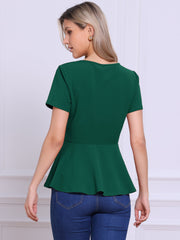 Short Sleeve Round Neck Solid Color Peplum Blouse