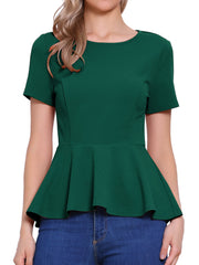 Short Sleeve Round Neck Solid Color Peplum Blouse