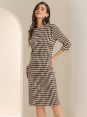 Houndstooth 3/4 Sleeve Elegant Cinched Waist Sheath Dress