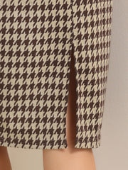 Houndstooth 3/4 Sleeve Elegant Cinched Waist Sheath Dress