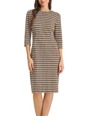 Houndstooth 3/4 Sleeve Elegant Cinched Waist Sheath Dress
