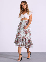 Chiffon Printed Elastic Waist Ruffle Tiered Flowy Midi Skirt