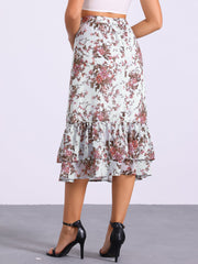 Chiffon Printed Elastic Waist Ruffle Tiered Flowy Midi Skirt