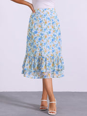 Chiffon Printed Elastic Waist Ruffle Tiered Flowy Midi Skirt