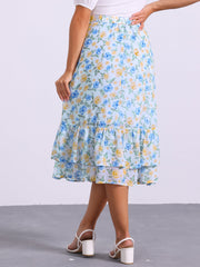 Chiffon Printed Elastic Waist Ruffle Tiered Flowy Midi Skirt