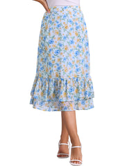 Chiffon Printed Elastic Waist Ruffle Tiered Flowy Midi Skirt
